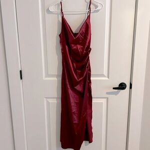 Skirt slit satin red dress